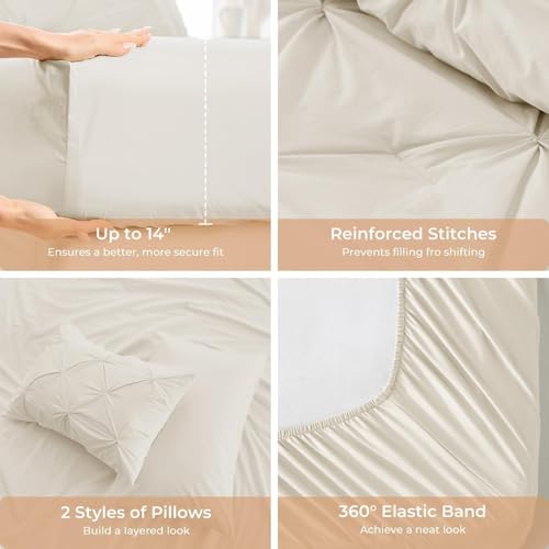 7-Piece Queen Comforter Set Bed in a Bag - Pintuck Bedding Set, Beige