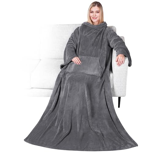 Wearable Fleece Blanket with Sleeves for Adults, Soft Warm Throw Robe