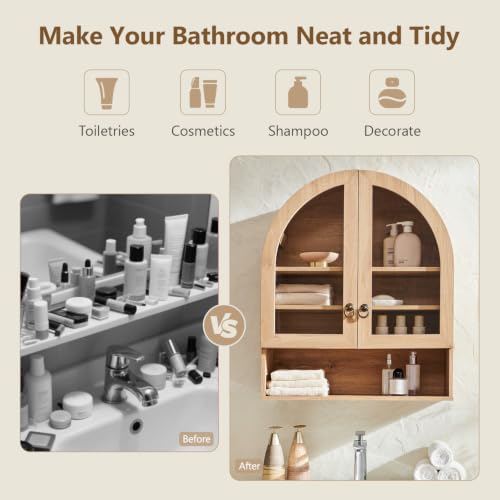 24-Inch Arched Bathroom Wall Cabinet with Adjustable Shelves, Natural Oak