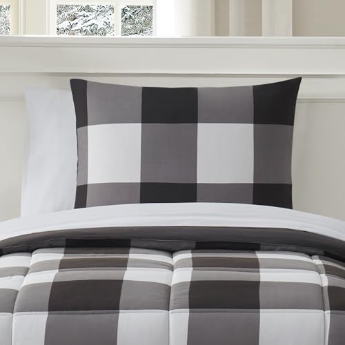 Sweet Home Collection Buffalo Plaid Black/White 5-Piece Comforter Set Twin Bed in a Bag All-Season Bedding
