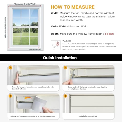 No Drill Blackout Roller Shades 34.5" W x 48" H - Cordless Design