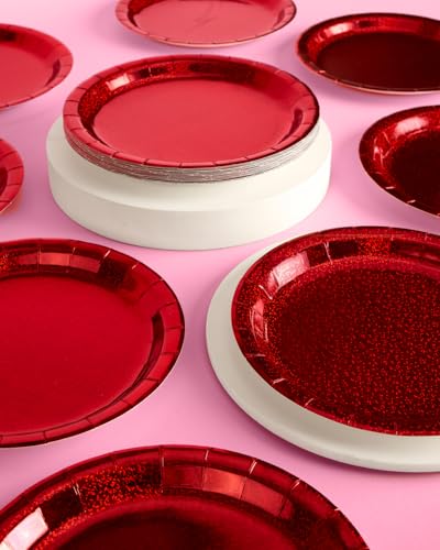 Red Foil Party Plates 25 Pack - Shimmer Disposable Cake & Celebration Tableware