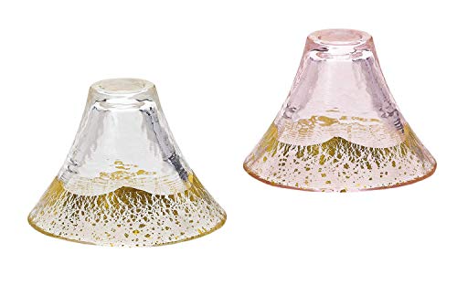Japanese Sake Glass Set with Mt. Fuji & Gold Cherry Blossom - Pink & Clear, 2 Pack
