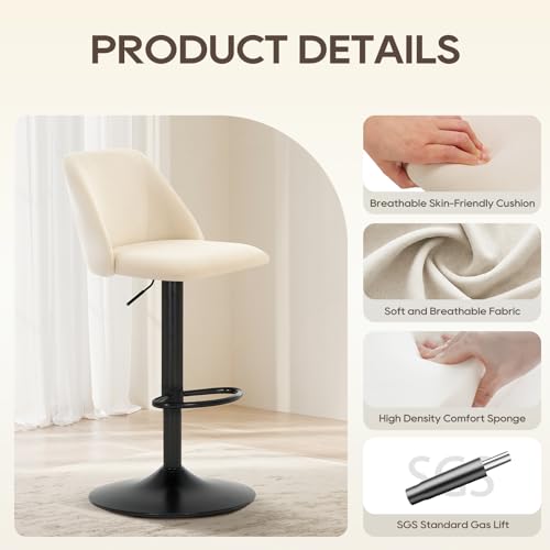 Modern Swivel Bar Stools, Adjustable Height Upholstered Chairs - Set of 2