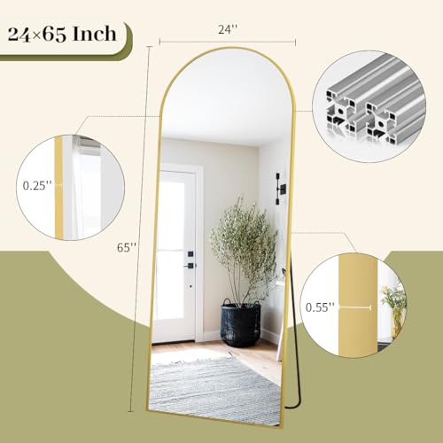 65" x 24" Arched Full-Length Floor Mirror, Gold Aluminum Frame