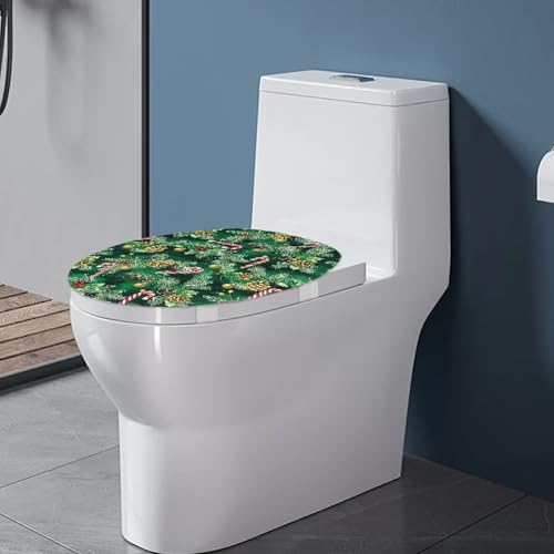 Christmas Candy Cane Toilet Seat Lid Cover for Bathroom – Universal 15"-21" Elf Holly Elastic Band