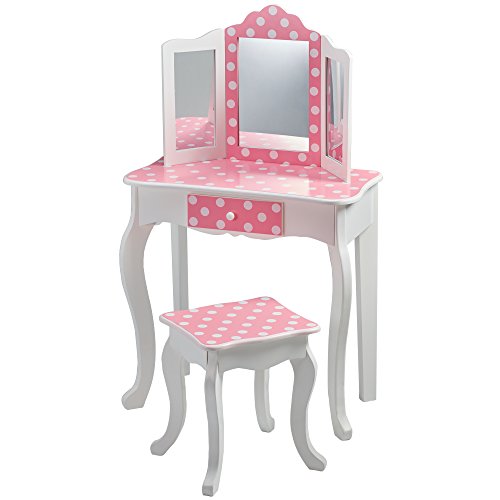 Kids Wooden Play Vanity Set with Tri-Fold Mirror, Drawer, and Matching Stool
