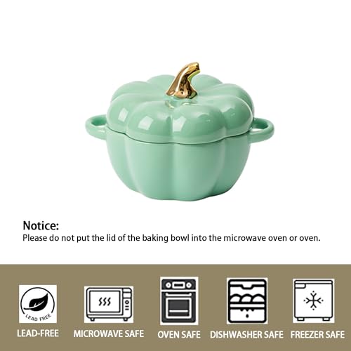 FYUEROPA Pumpkin Bowl Set with Lid & Handle, 4 Pcs Ceramic Ramekins 14 Oz Green