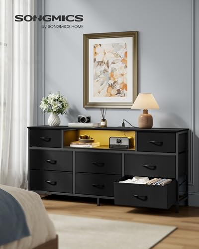 8-Drawer Dresser with LED Lights, Charging Station, and Steel Frame