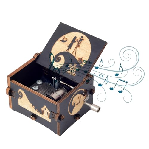 Vintage Wooden Hand Crank Music Box, Laser Engraved Spooky Melody Gift