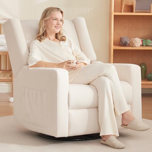 32-Inch Swivel Nursery Rocking Chair with Lumbar Support and Footrest