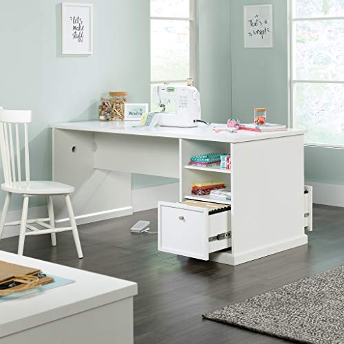 Modern Craft Table with Storage, White Work Desk for Sewing and Scrapbooking