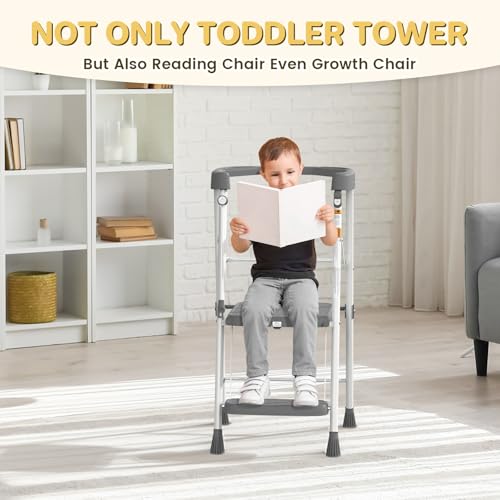 Foldable Toddler Tower Step Stool with Safety Railing, Gray Kitchen Helper