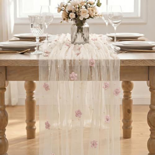 Artoid Mode 28x120 Inch Pink & White Pearl Flower Gauze Table Runner for Wedding & Holiday Decor