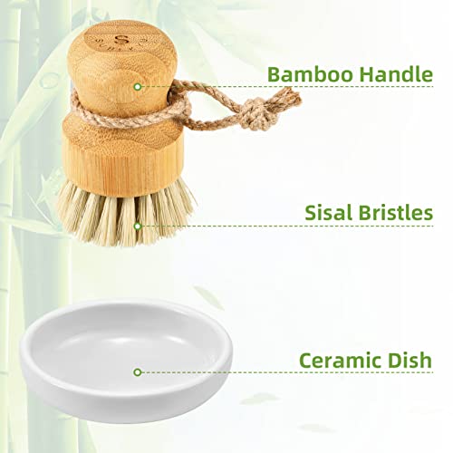 Bamboo Dish Scrub Brush Set with Ceramic Holder & Sisal Bristles - 3 Pack