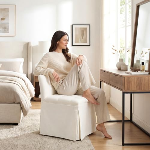 Tufted Upholstered Rolling Vanity Chair with Skirted Base