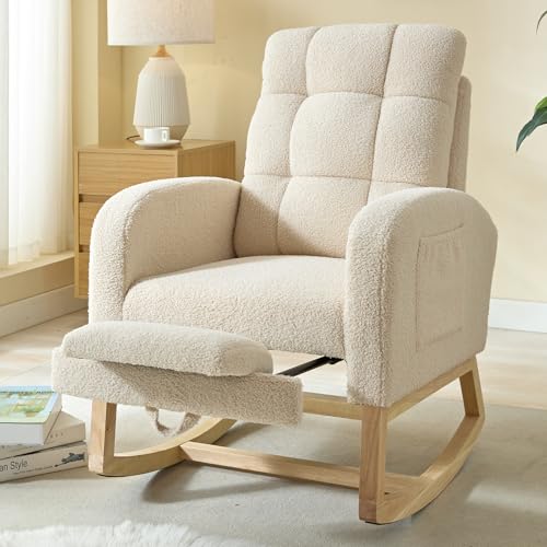 Modern Teddy Upholstered Nursery Rocking Chair with Footrest & Pocket - Beige