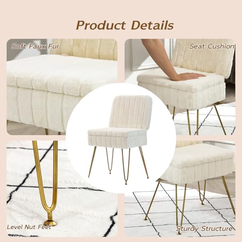 Faux Fur Vanity Chair with Hidden Storage & Folding Backrest - White