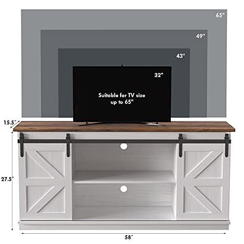 Farmhouse TV Stand with Sliding Barn Doors for 65 Inch TVs, White