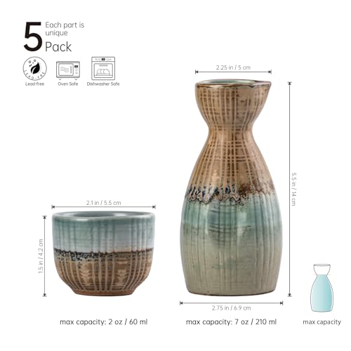 UNICASA Light Brown Japanese Sake Set of 5 - Ceramic Cups & 210ml Sake Bottle