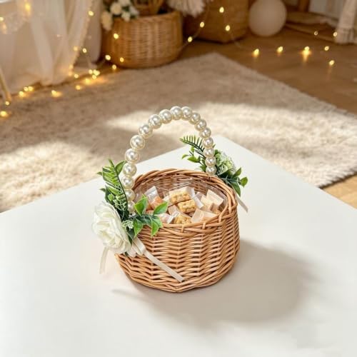 Handwoven Rattan Flower Girl Basket with Pearl Handle and Bow Decoration