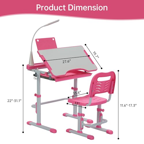 Kids Adjustable Study Desk and Chair Set with LED Lamp and Tilted Desktop