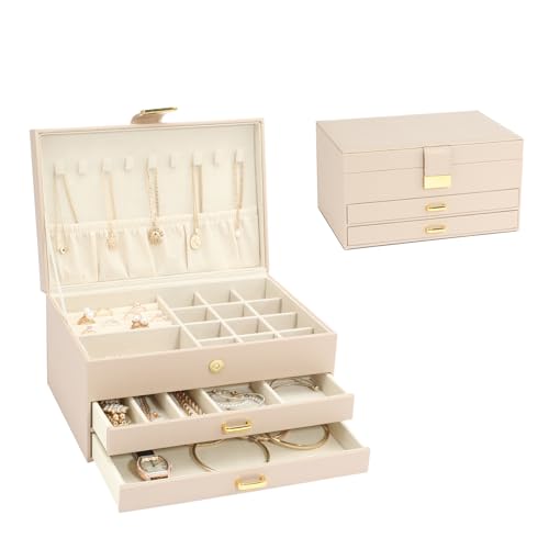 V-LAFUYLIFE Apricot 3-Layer Jewelry Box with 2 Drawers - Large Capacity Organizer