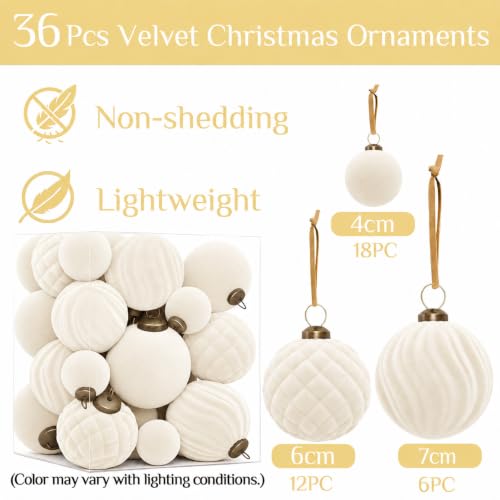 Velvet Christmas Ornaments Set 36pcs Beig e Mixed Flocked Balls Shatterproof for Tree Holiday Decor