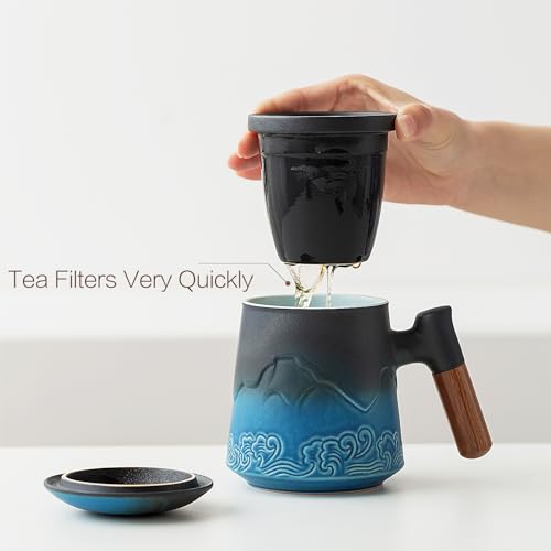 ZENS Blue 15.2oz Tea Cup with Infuser & Lid, Hand-Sprayed Gradient Ceramic