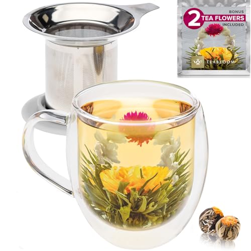 Teabloom 14.5 oz Stay-Hot Heatproof Glass Mug with Loose Tea Infuser & Lid – Blooming Tea Gift Set