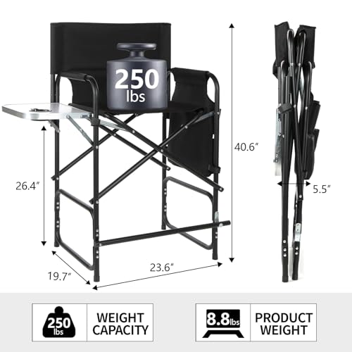 Portable Tall Director Chair, Foldable Makeup Chair with Side Table