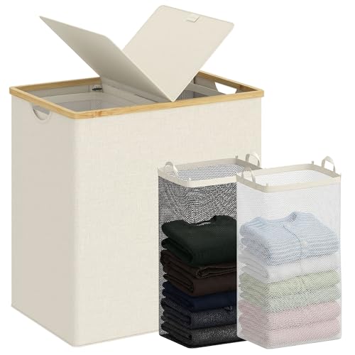 140L Double Laundry Hamper with Lid and Removable Bags, Bamboo Handles