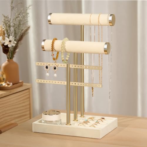 Beige Velvet Jewelry Organizer Stand with Multi-Tier Display Tray