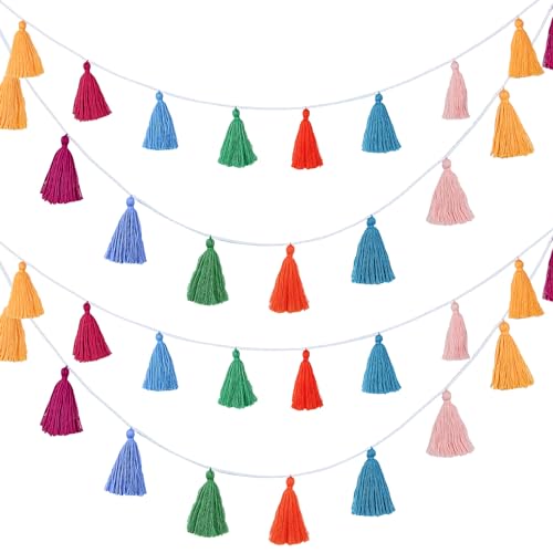 4-Pack Rainbow Cotton Tassel Garland, 47-Inch Boho Wall Decor for Parties