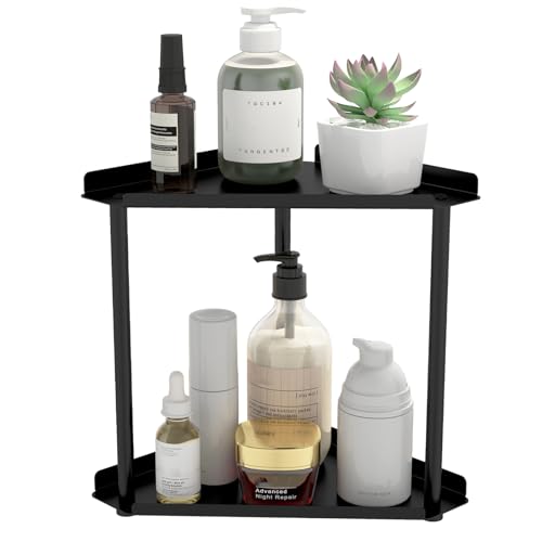 2 Tier Bathroom Counter Organizer & Corner Vanity Shelf in Black