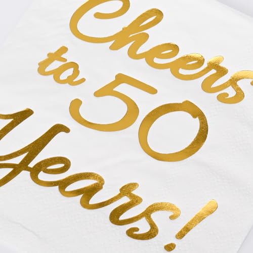 Sllyfo 50th Birthday Party Napkins White & Gold 50 Pack Cheers to 50 Years 5x5"