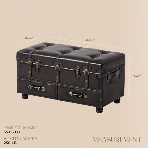 Vintage Faux Leather Storage Bench with Drawers and Hinged Lid