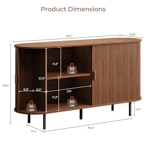 55" Fluted Buffet Sideboard with Sliding Door and Adjustable Shelf, Walnut