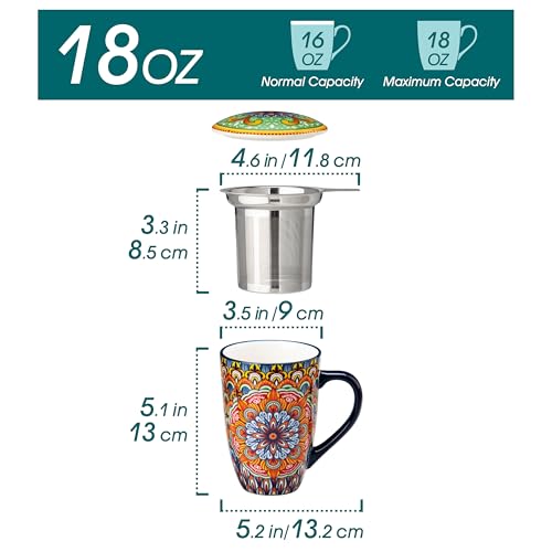 Vancasso Burnt-Cobalt Mandala Ceramic Tea Mug with Infuser & Lid, 18oz