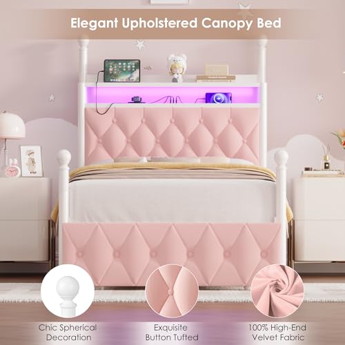 Twin Canopy Bed Frame with LED Lights, Storage Headboard & Charging Station