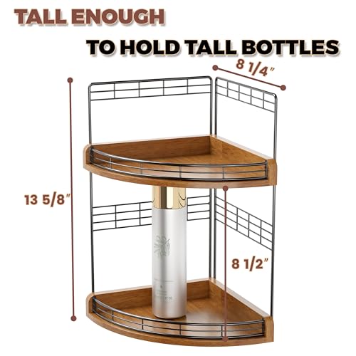 2-Tier Bathroom Corner Shelf, Wood and Iron Countertop Organizer