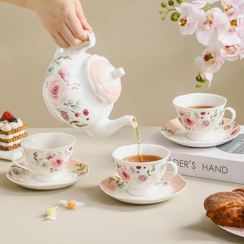 Pink Rose Floral Porcelain Tea Cup & Saucer Set of 6 - 6oz, Elegant Dinnerware