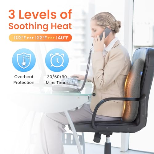 Heated Lumbar Support Pillow with Vibration Massage - Ergonomic Memory Foam Back Cushion for Office Chair