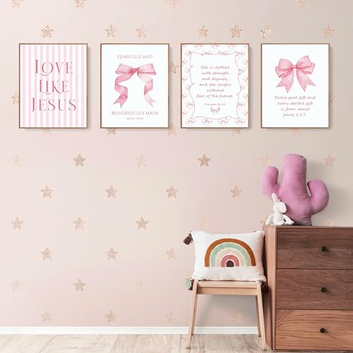Pink Bow Christian Wall Art Decor - 10x8 Inch Inspirational Bible Verses Set of 4