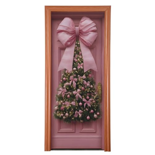 Burbuja 35 x 79 in Pink Bow Christmas Door Cover - Stretch Fabric Backdrop for Home Holiday Decor