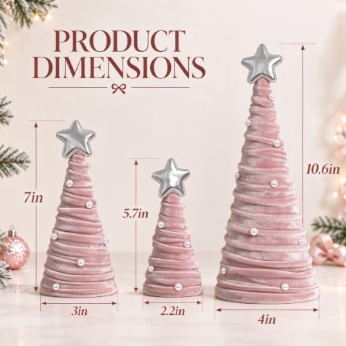 Pink Velvet Cone Christmas Tree Set with Pearls, 3-Piece Tabletop Decor