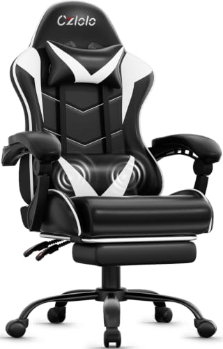 Ergonomic Gaming Chair with Footrest, Lumbar Massager, and Reclining Back