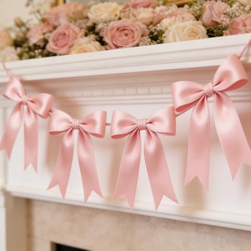 Pink Bow Garland Banner - Pre-Strung Satin Ribbon Bow Decor (6.7ft)