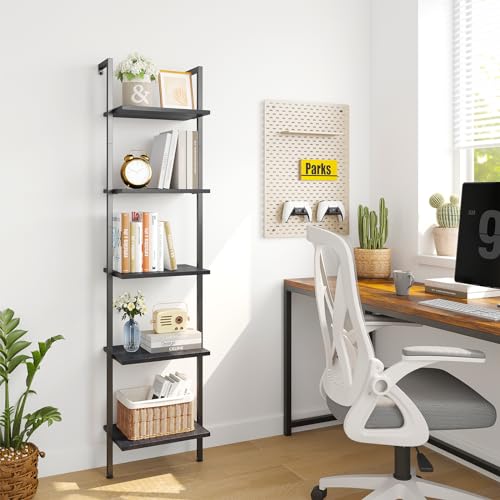 5-Tier Ladder Shelf, Wall Mounted Bookshelf with Metal Frame, Black
