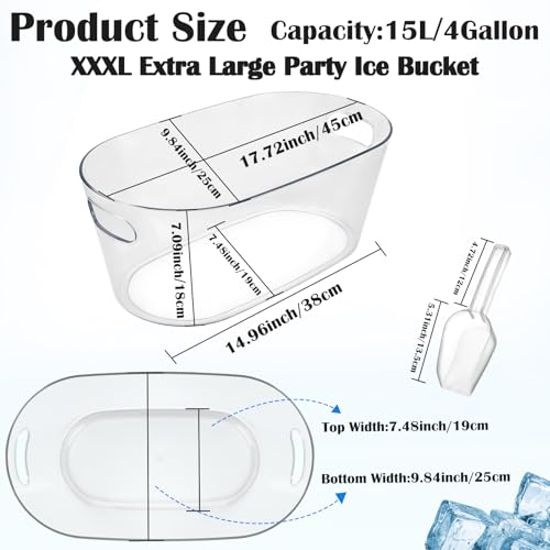 15L Large Ice Bucket for Parties & Events with Scoop - Clear Beverage Tub